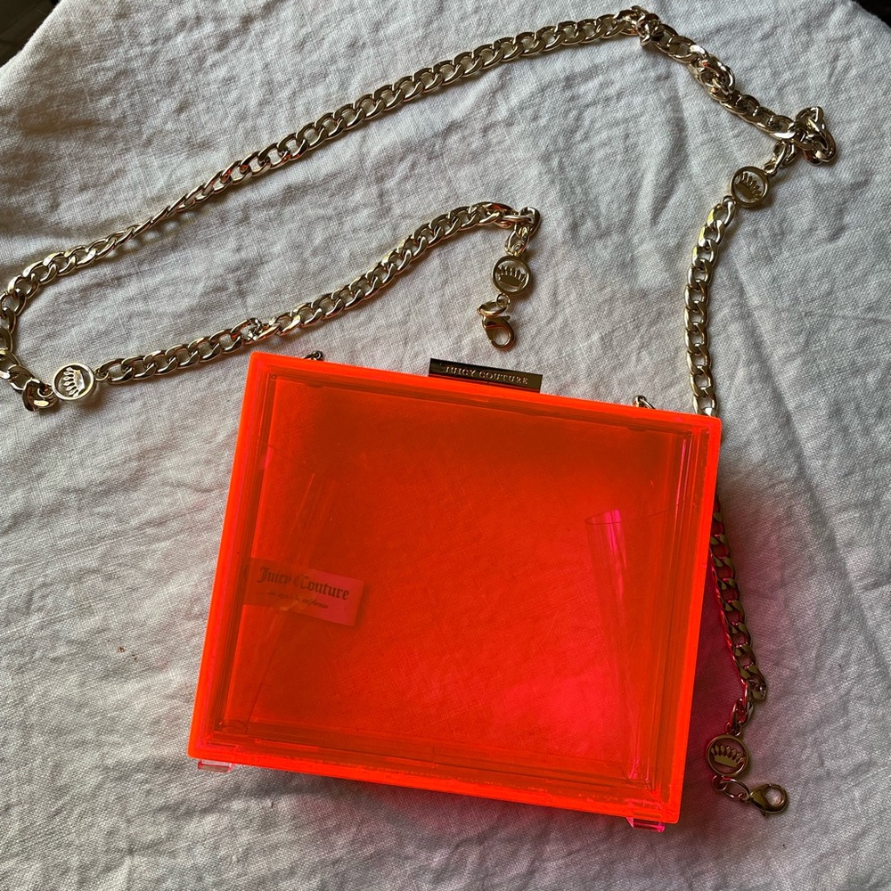 Vintage Y2K Juicy Couture Neon Pink Lucite Box Crossbody with Gold Chain